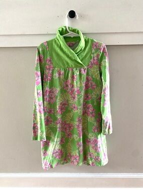 Lilly Pulitzer Seahorse Dress Long Sleeve Cotton Green Pink Size Medium